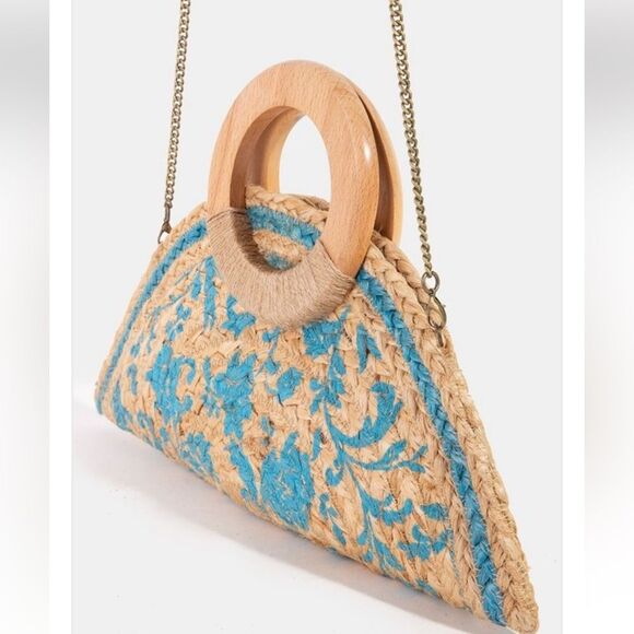 Antik Kraft Clutch Jute & Wood Handle Bag Floral Print Summer Beach Vibes - Picture 1 of 6